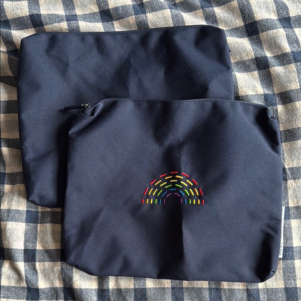 Navy Pouch Set with Rainbow Embroidery